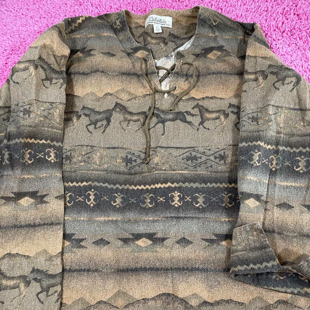 Vintage Cabela’s Southwestern Aztec Flannel Lace Up Shirt Horses Pullover Brown